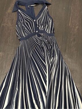 Sleeveless Navy and White Striped Halter Maxi Dress